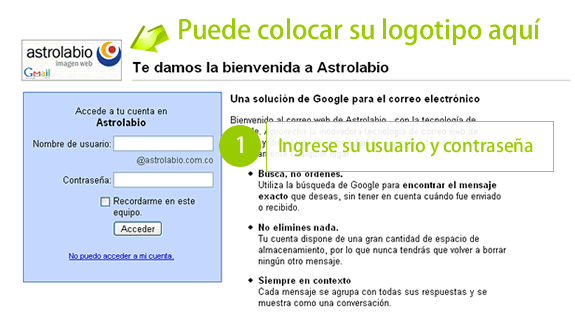 Página de bienvenida del correo con Google Apps