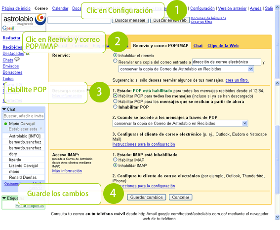 Pantalla de configuraci&oacute;n de POP en Gmail