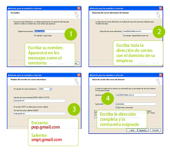 Diferentes pantallas del asistente de configuraci&oacute;n de nueva cuenta