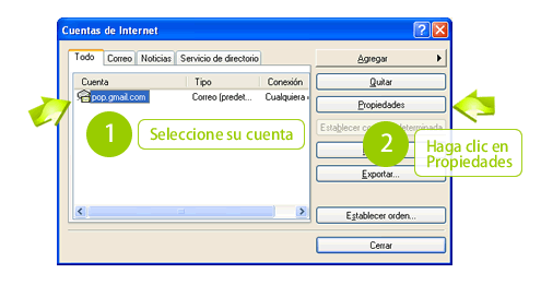 Cuadro de diálogo de cuentas de Outlook Express