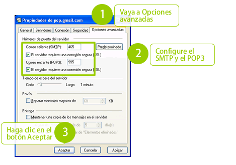 Pantalla con la configuración para Gmail del correo saliente y entrante