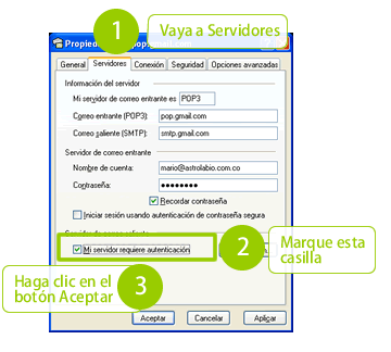 Pantalla para marcar la casilla Mi servidor requiere autenticación